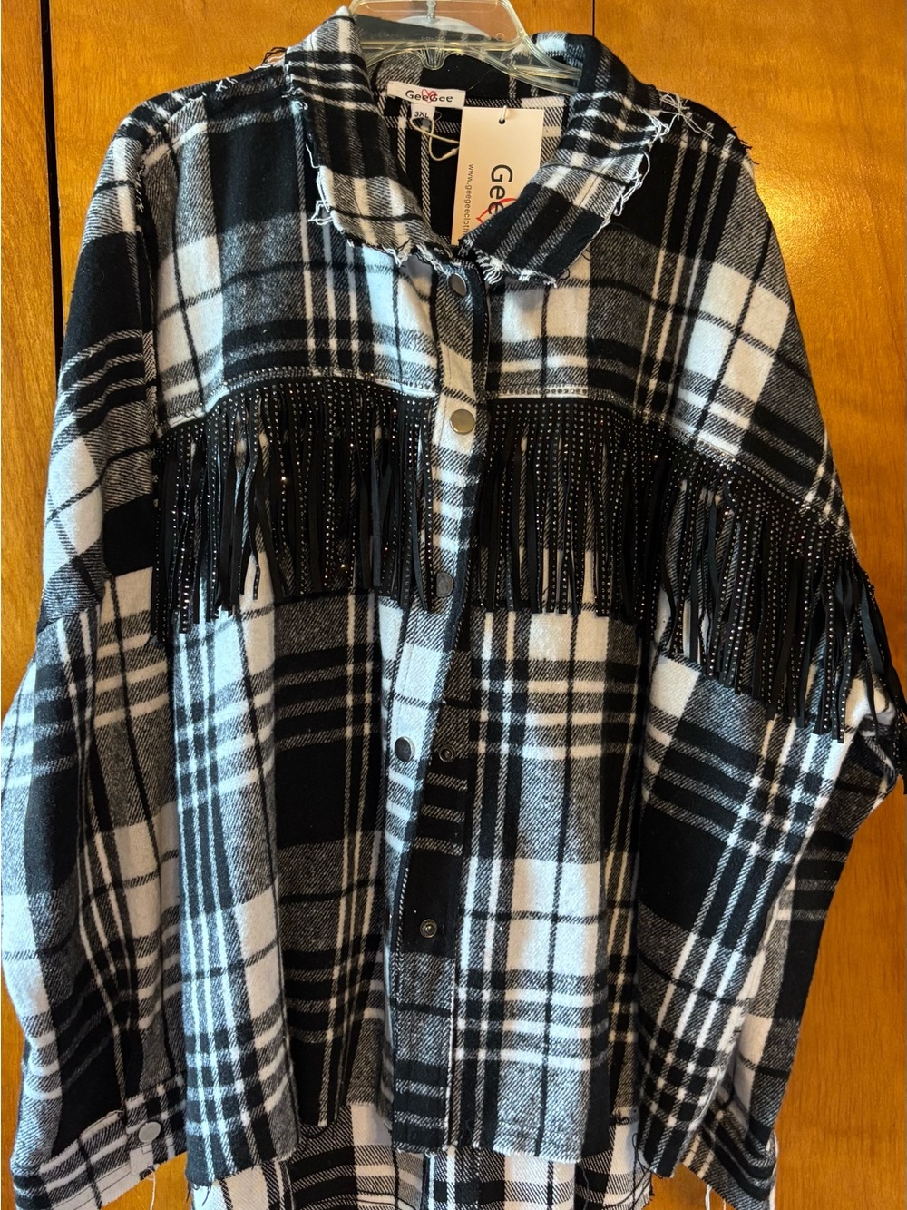 Geebro Black & White Plaid Fringe Shacket